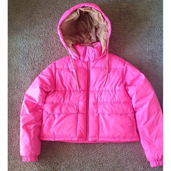 ANTHROPOLOGIE x PILCRO Cropped Hooded Puffer Jacket Size XXS Neon Pink New - Picture 1 of 8